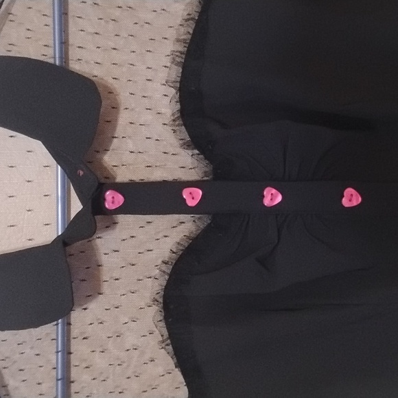 NWOT Black mesh top blouse with pink heart buttons and gathered at the breast - Picture 4 of 7